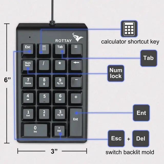 Alt view image 5 of 7 - Number Pad, Mechanical USB Wired Numeric Keypad with Blue LED Backlit 22 Key Numpad for Laptop Desktop Computer PC Black (Blue switches)