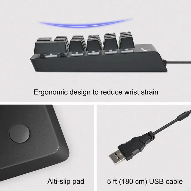 Alt view image 6 of 7 - Number Pad, Mechanical USB Wired Numeric Keypad with Blue LED Backlit 22 Key Numpad for Laptop Desktop Computer PC Black (Blue switches)