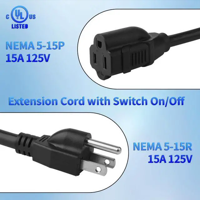 Alt view image 2 of 7 - 15FT Extension Cord with Waterproof Switch, 14AWG 1875W Black Outdoor Heavy Duty 3 Prong Extension Cable, 14/3 SJTW Extension Cords Control Switch ON/Off 15A 125V Grounded Plug Receptacle, UL Listed