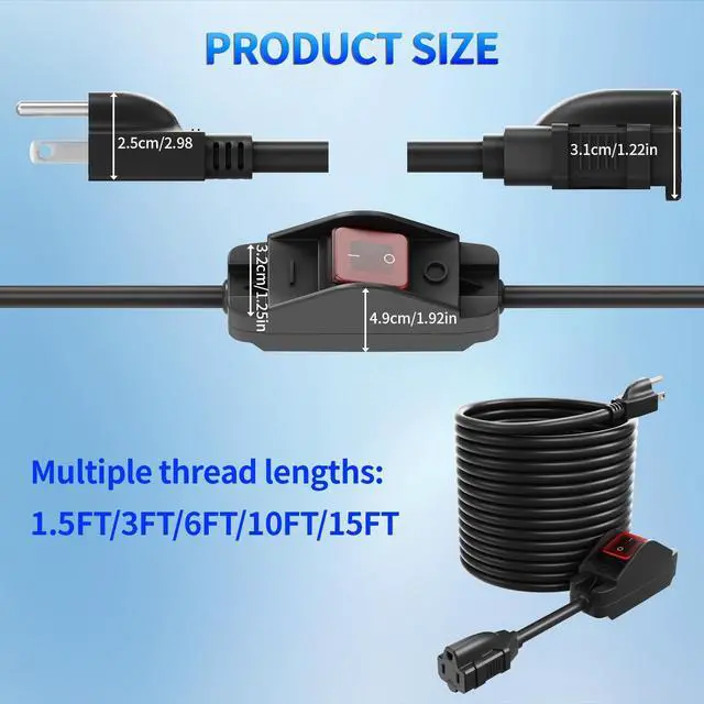 Alt view image 6 of 7 - 15FT Extension Cord with Waterproof Switch, 14AWG 1875W Black Outdoor Heavy Duty 3 Prong Extension Cable, 14/3 SJTW Extension Cords Control Switch ON/Off 15A 125V Grounded Plug Receptacle, UL Listed