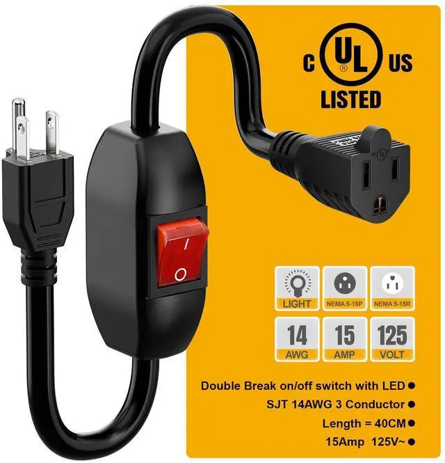 Alt view image 5 of 7 - Inline On/Off Switch Extension Cord, 3-Prong Household Switchable Power Cord, Heavy Duty 23A 125V,16A 250V Double Break Switch Extension Cord, 40CM Cord,40CM