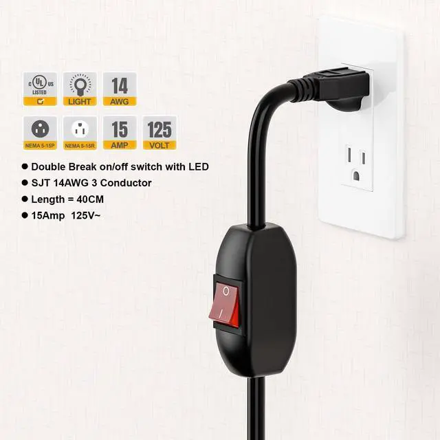 Alt view image 3 of 7 - Inline On/Off Switch Extension Cord, 3-Prong Household Switchable Power Cord, Heavy Duty 23A 125V,16A 250V Double Break Switch Extension Cord, 40CM Cord,40CM