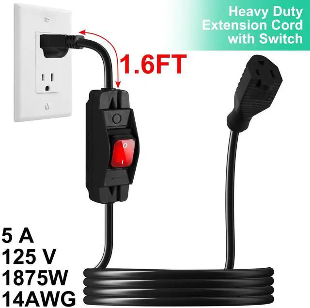 Alt view image 3 of 7 - Outdoor Waterproof On/Off Switch Extension Cord, Heavy Duty 125v/250v Black SJTW Cord (6 Ft, Black)