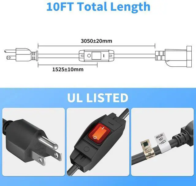 Alt view image 3 of 6 - 1875W Outdoor Extension Cord with Switch Waterproof Black 10 Feet