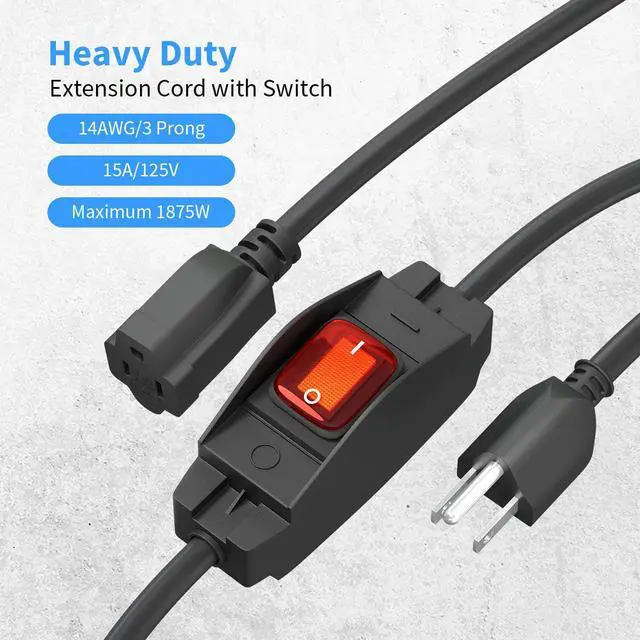 Alt view image 2 of 6 - 1875W Outdoor Extension Cord with Switch Waterproof Black 10 Feet