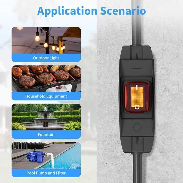 Alt view image 6 of 6 - 1875W Outdoor Extension Cord with Switch Waterproof Black 10 Feet