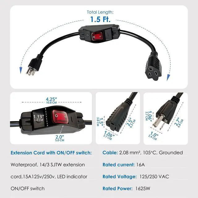 Alt view image 2 of 7 - 1.5 Ft Outdoor Extension Cord with Waterproof Switch, 14/3 SJTW, 16A 125v/250v Grounded 3-Prong Plug, Black