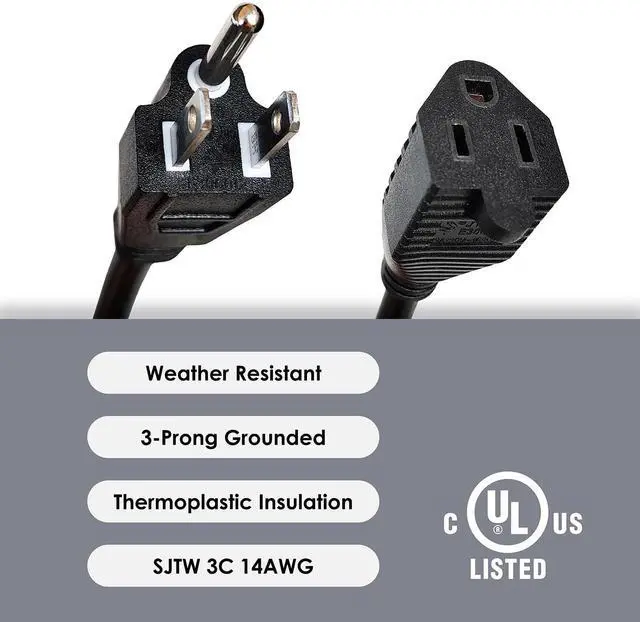 Alt view image 4 of 7 - 1.5 Ft Outdoor Extension Cord with Waterproof Switch, 14/3 SJTW, 16A 125v/250v Grounded 3-Prong Plug, Black