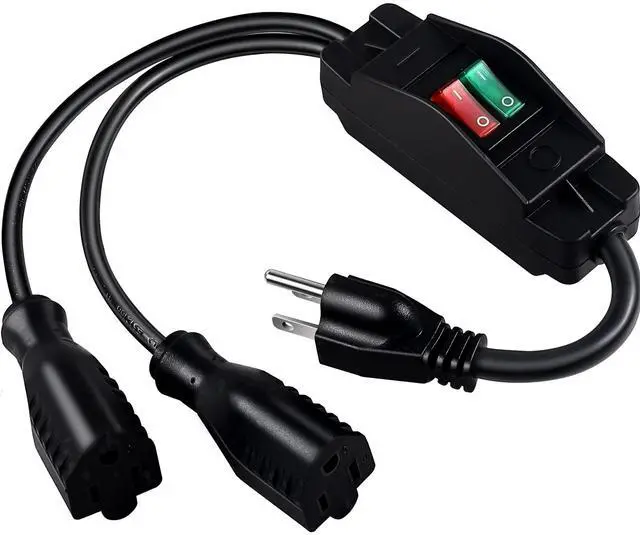 Main image of 2 Way Extension Cord with On/Off Switch, 3 Prong Outdoor Extension Cord Splitter, Heavy Duty SJTW 14AWG 15A/125V and 18AWG 10A/125V Power Cord (1.6 Ft, Black)