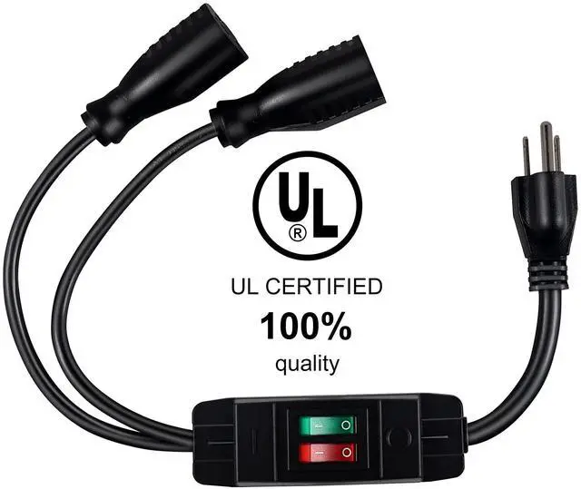 Alt view image 2 of 7 - 2 Way Extension Cord with On/Off Switch, 3 Prong Outdoor Extension Cord Splitter, Heavy Duty SJTW 14AWG 15A/125V and 18AWG 10A/125V Power Cord (1.6 Ft, Black)