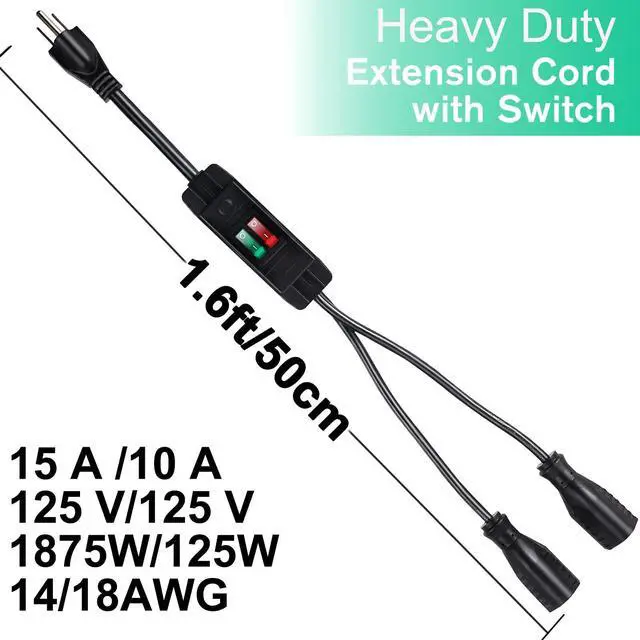 Alt view image 3 of 7 - 2 Way Extension Cord with On/Off Switch, 3 Prong Outdoor Extension Cord Splitter, Heavy Duty SJTW 14AWG 15A/125V and 18AWG 10A/125V Power Cord (1.6 Ft, Black)