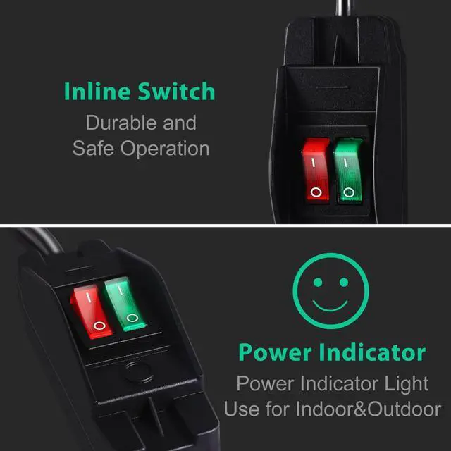 Alt view image 4 of 7 - 2 Way Extension Cord with On/Off Switch, 3 Prong Outdoor Extension Cord Splitter, Heavy Duty SJTW 14AWG 15A/125V and 18AWG 10A/125V Power Cord (1.6 Ft, Black)