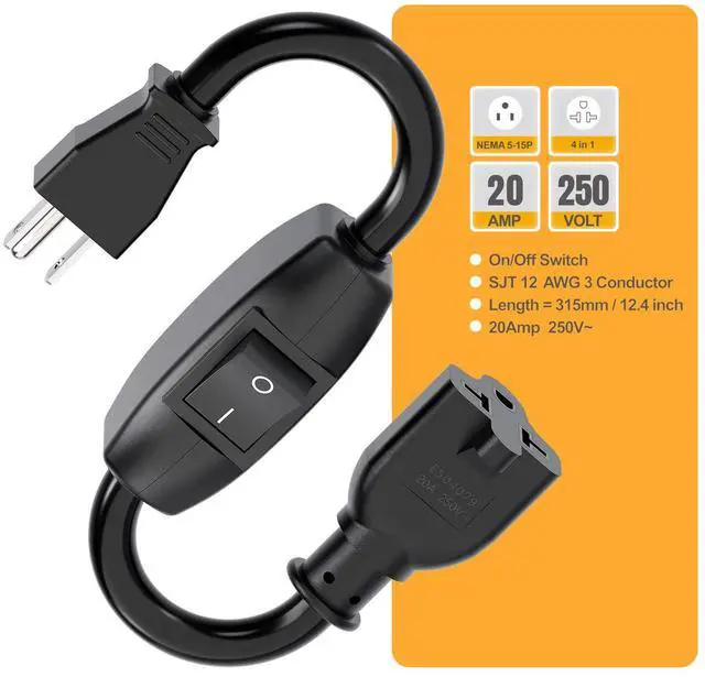 Alt view image 3 of 7 - Heavy Duty On/Off Switch Extension Cord 12-AWG 15A Household Plug Male to Female T Blade Adapter Cable with Heavy Duty Double Break 20A 125V Inline Switch, L=32CM