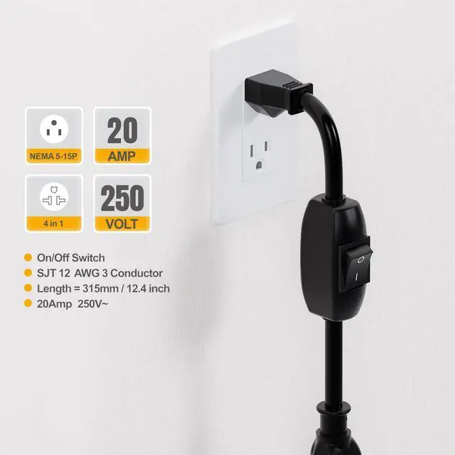 Alt view image 4 of 7 - Heavy Duty On/Off Switch Extension Cord 12-AWG 15A Household Plug Male to Female T Blade Adapter Cable with Heavy Duty Double Break 20A 125V Inline Switch, L=32CM