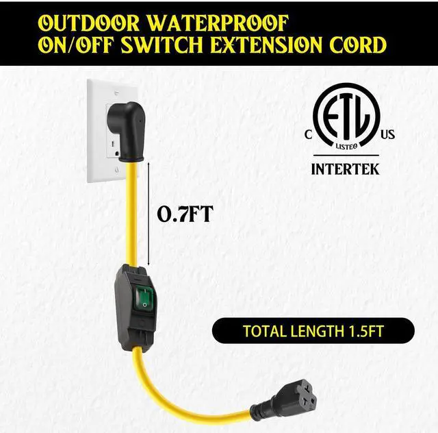 Alt view image 2 of 7 - 1.5FT SJTW 12AWG Outdoor Waterproof Extension in-Line On/Off Switch Cord Compatible with NEMA 5-15P to 5-15R/5-20R/6-15R/6-20R, IP57 Waterproof, 20A 125V 4-in-1 T-Blade Female, ETL Listed