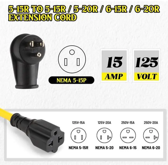 Alt view image 4 of 7 - 1.5FT SJTW 12AWG Outdoor Waterproof Extension in-Line On/Off Switch Cord Compatible with NEMA 5-15P to 5-15R/5-20R/6-15R/6-20R, IP57 Waterproof, 20A 125V 4-in-1 T-Blade Female, ETL Listed