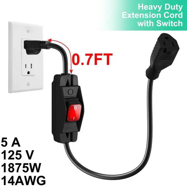 Alt view image 3 of 7 - Outdoor Waterproof On/Off Switch Extension Cord, Heavy Duty 125v/250v Black SJTW Cord (1.5 Ft, Black)