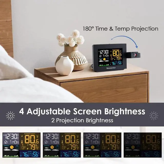 Alt view image 2 of 6 - Atomic Projection Alarm Clock with Weather Station for Bedrooms, Projector Clocks with WWVB Function, Indoor Outdoor Thermometer Wireless, Temperature Humidity Monitor and Weather Forecast