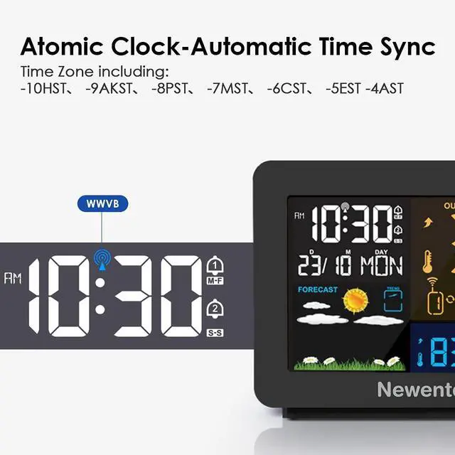 Alt view image 3 of 6 - Atomic Projection Alarm Clock with Weather Station for Bedrooms, Projector Clocks with WWVB Function, Indoor Outdoor Thermometer Wireless, Temperature Humidity Monitor and Weather Forecast