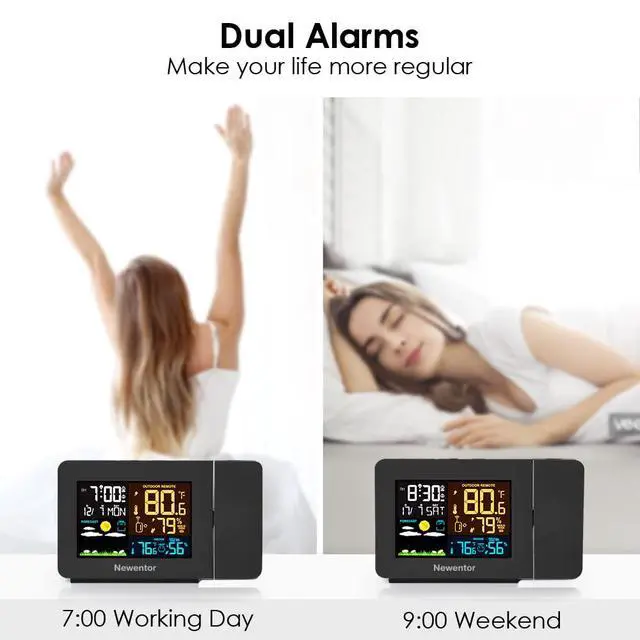 Alt view image 5 of 6 - Atomic Projection Alarm Clock with Weather Station for Bedrooms, Projector Clocks with WWVB Function, Indoor Outdoor Thermometer Wireless, Temperature Humidity Monitor and Weather Forecast