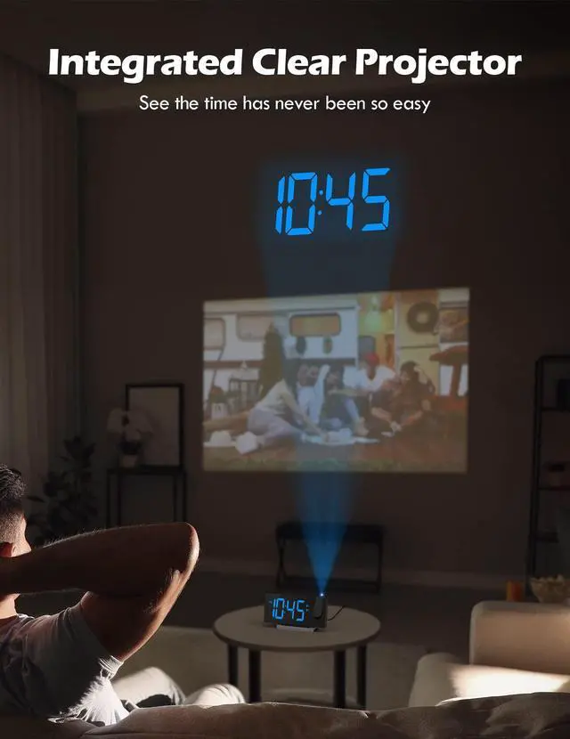 Alt view image 3 of 6 - Projection Alarm Clock with FM Radio, USB Charging Port, 0-100% Dimmer, Dual Alarms, HD LED Display, 30 Preset Stations, Sleep Timer, 5 Alarm Sounds, Snooze, Curved Screen, Digital Clock for Bedroom