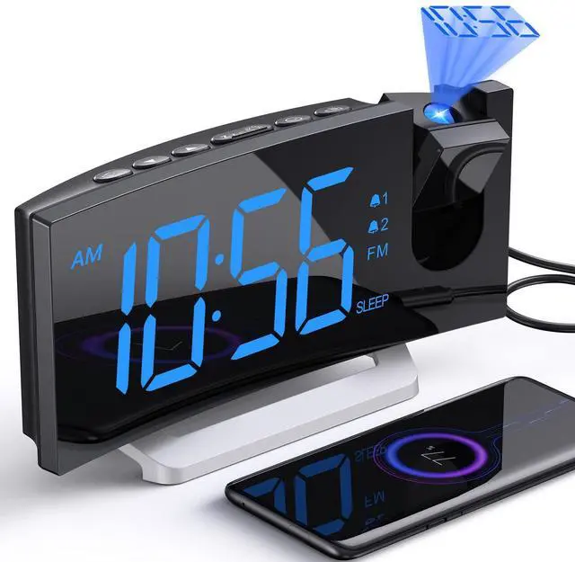 Main image of Projection Alarm Clock with FM Radio, USB Charging Port, 0-100% Dimmer, Dual Alarms, HD LED Display, 30 Preset Stations, Sleep Timer, 5 Alarm Sounds, Snooze, Curved Screen, Digital Clock for Bedroom