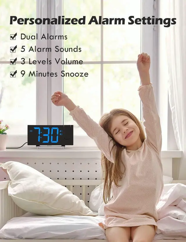 Alt view image 6 of 6 - Projection Alarm Clock with FM Radio, USB Charging Port, 0-100% Dimmer, Dual Alarms, HD LED Display, 30 Preset Stations, Sleep Timer, 5 Alarm Sounds, Snooze, Curved Screen, Digital Clock for Bedroom