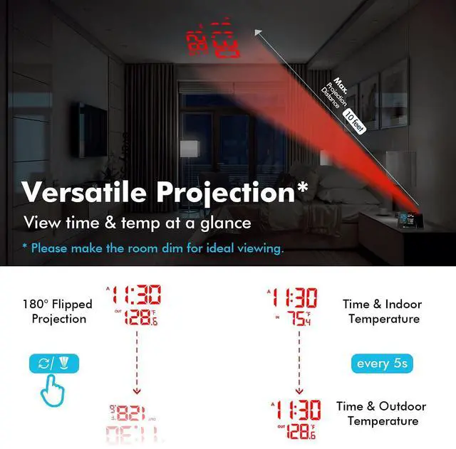 Alt view image 2 of 7 - Projection Alarm Clock, Digital Clock Projector on Ceiling with Indoor/Outdoor Temperature Display, Dual Alarms, Colored Backlight, Weather Forecast, and Battery Backup for Bedroom