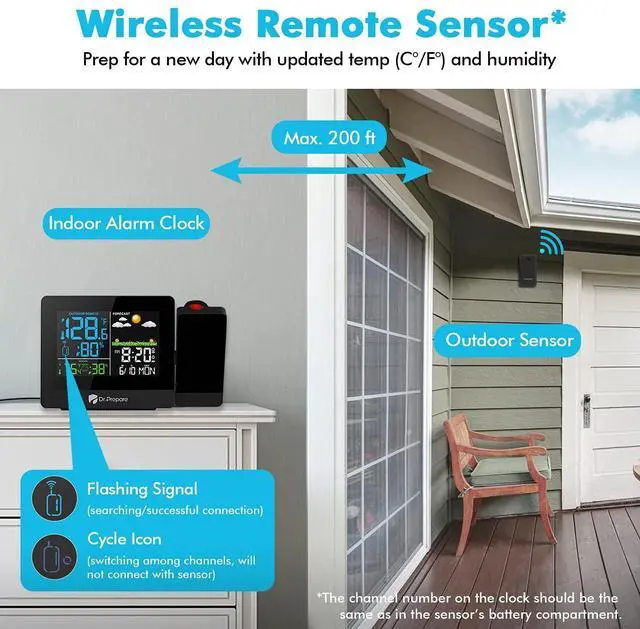 Alt view image 3 of 7 - Projection Alarm Clock, Digital Clock Projector on Ceiling with Indoor/Outdoor Temperature Display, Dual Alarms, Colored Backlight, Weather Forecast, and Battery Backup for Bedroom