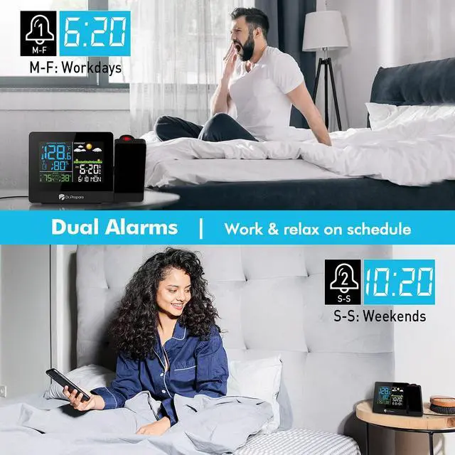 Alt view image 5 of 7 - Projection Alarm Clock, Digital Clock Projector on Ceiling with Indoor/Outdoor Temperature Display, Dual Alarms, Colored Backlight, Weather Forecast, and Battery Backup for Bedroom