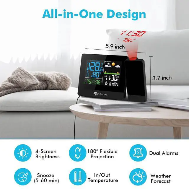 Alt view image 6 of 7 - Projection Alarm Clock, Digital Clock Projector on Ceiling with Indoor/Outdoor Temperature Display, Dual Alarms, Colored Backlight, Weather Forecast, and Battery Backup for Bedroom