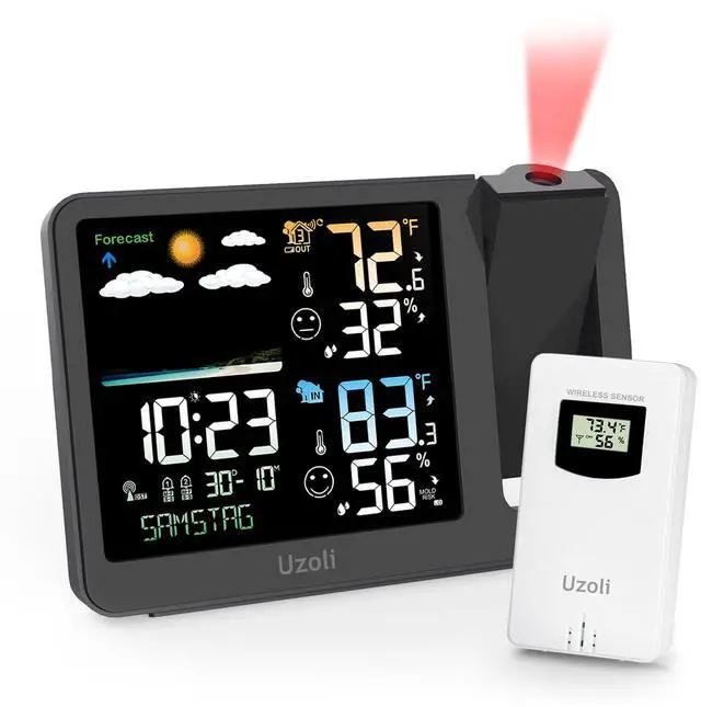 Main image of Projection Alarm Clock Weather Station, WWVB Atomic Projector Clock with Sensor, Adjustable Backlight, Indoor Outdoor Temperature Humidity, Digital Projection Clock for Bedroom Ceiling
