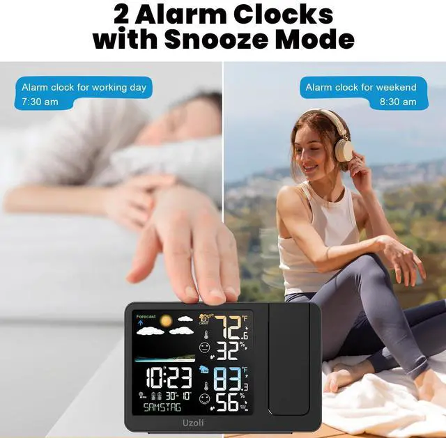 Alt view image 4 of 7 - Projection Alarm Clock Weather Station, WWVB Atomic Projector Clock with Sensor, Adjustable Backlight, Indoor Outdoor Temperature Humidity, Digital Projection Clock for Bedroom Ceiling