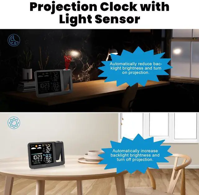 Alt view image 5 of 7 - Projection Alarm Clock Weather Station, WWVB Atomic Projector Clock with Sensor, Adjustable Backlight, Indoor Outdoor Temperature Humidity, Digital Projection Clock for Bedroom Ceiling