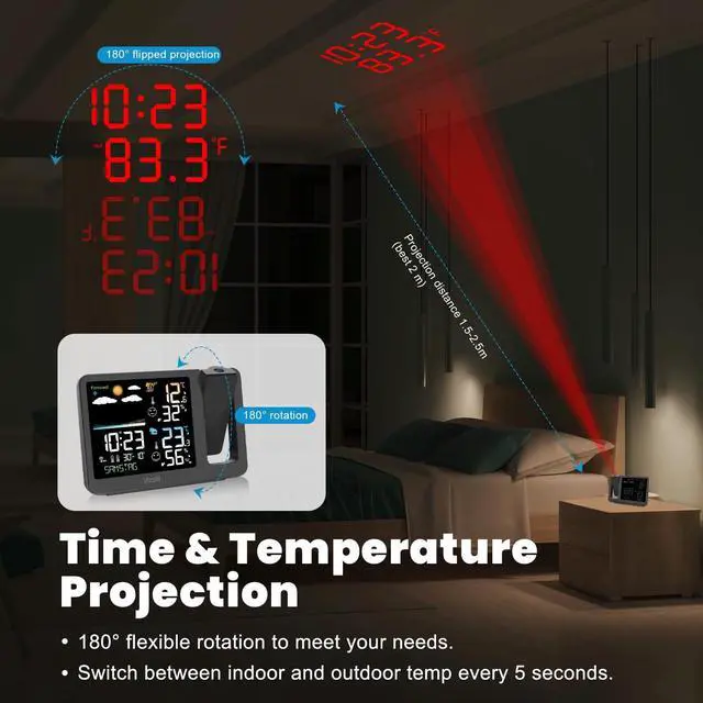 Alt view image 3 of 7 - Projection Alarm Clock Weather Station, WWVB Atomic Projector Clock with Sensor, Adjustable Backlight, Indoor Outdoor Temperature Humidity, Digital Projection Clock for Bedroom Ceiling