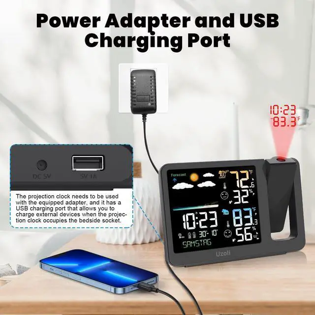 Alt view image 7 of 7 - Projection Alarm Clock Weather Station, WWVB Atomic Projector Clock with Sensor, Adjustable Backlight, Indoor Outdoor Temperature Humidity, Digital Projection Clock for Bedroom Ceiling