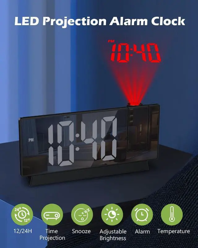 Alt view image 2 of 7 - Projection Alarm Clock with 180° Rotatable Display, Digital Mirror Clock with Auto Dimmer, 4 Adjustable Brightness Levels, Snooze, 12/24H Format for Bedroom, Office, Home
