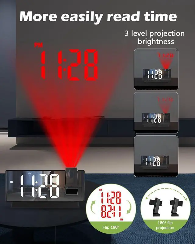 Alt view image 3 of 7 - Projection Alarm Clock with 180° Rotatable Display, Digital Mirror Clock with Auto Dimmer, 4 Adjustable Brightness Levels, Snooze, 12/24H Format for Bedroom, Office, Home