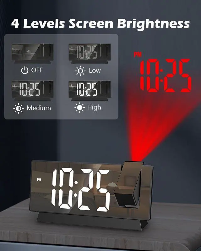 Alt view image 4 of 7 - Projection Alarm Clock with 180° Rotatable Display, Digital Mirror Clock with Auto Dimmer, 4 Adjustable Brightness Levels, Snooze, 12/24H Format for Bedroom, Office, Home