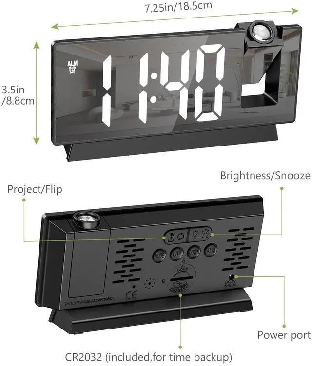 Alt view image 7 of 7 - Projection Alarm Clock with 180° Rotatable Display, Digital Mirror Clock with Auto Dimmer, 4 Adjustable Brightness Levels, Snooze, 12/24H Format for Bedroom, Office, Home
