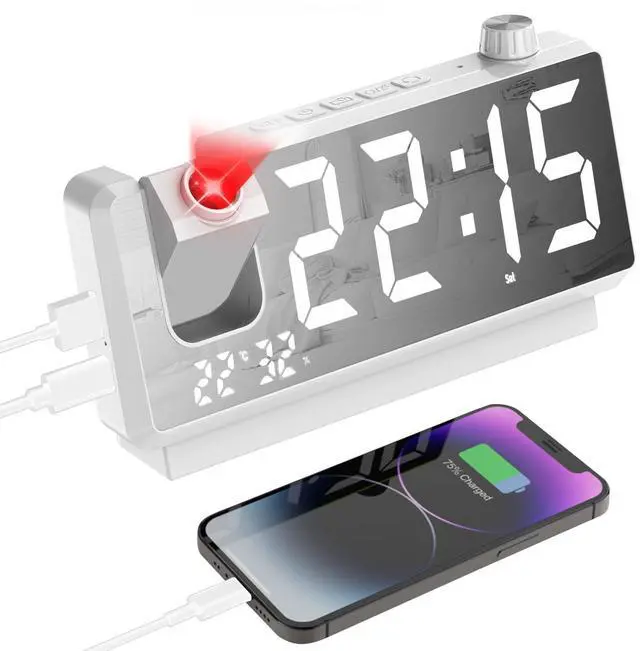 Main image of Projection Alarm Clock for Bedroom, Digital Clock with 180° Projector, 7" Large LED Display, Dual Alarms, Temperature&Humidity Display, Dual USB Port, 12/24H, Snooze, for Heavy Sleepers, White