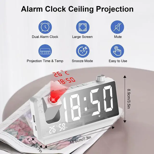 Alt view image 2 of 7 - Projection Alarm Clock for Bedroom, Digital Clock with 180° Projector, 7" Large LED Display, Dual Alarms, Temperature&Humidity Display, Dual USB Port, 12/24H, Snooze, for Heavy Sleepers, White