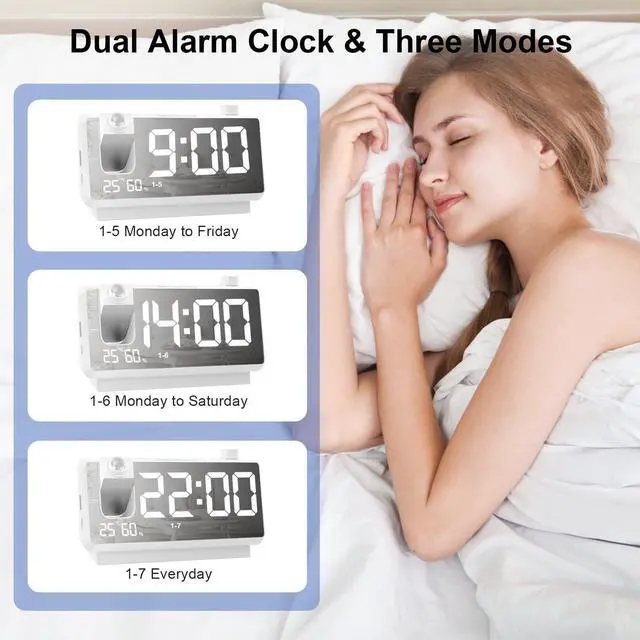 Alt view image 4 of 7 - Projection Alarm Clock for Bedroom, Digital Clock with 180° Projector, 7" Large LED Display, Dual Alarms, Temperature&Humidity Display, Dual USB Port, 12/24H, Snooze, for Heavy Sleepers, White