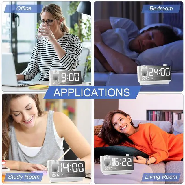 Alt view image 7 of 7 - Projection Alarm Clock for Bedroom, Digital Clock with 180° Projector, 7" Large LED Display, Dual Alarms, Temperature&Humidity Display, Dual USB Port, 12/24H, Snooze, for Heavy Sleepers, White