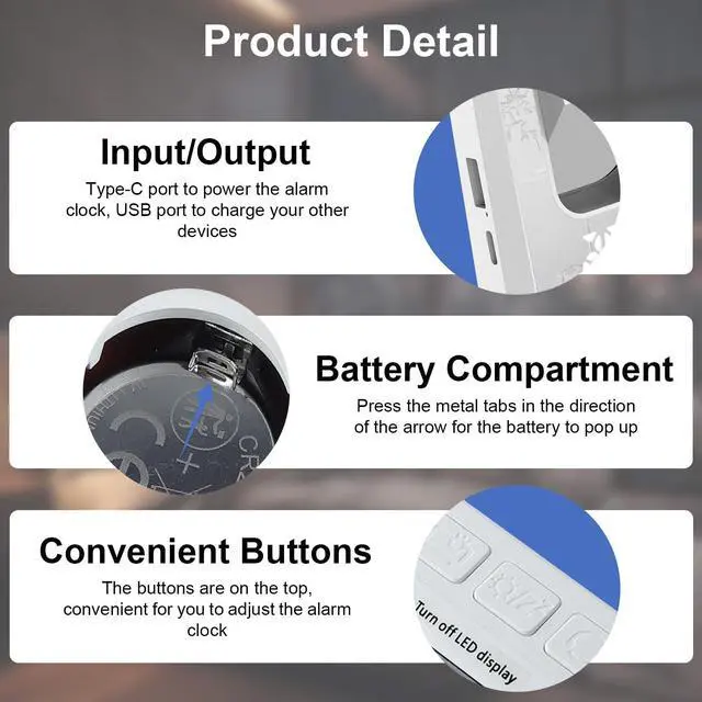 Alt view image 6 of 7 - Projection Alarm Clock for Bedroom, Digital Clock with 180° Projector, 7" Large LED Display, Dual Alarms, Temperature&Humidity Display, Dual USB Port, 12/24H, Snooze, for Heavy Sleepers, White