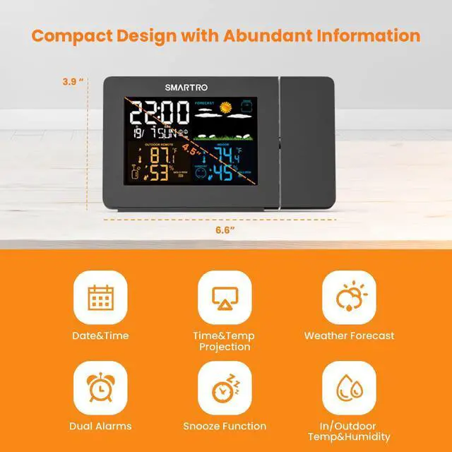 Alt view image 2 of 7 - SC91 Projection Alarm Clock for Bedrooms with Weather Station, Wireless Indoor Outdoor Thermometer, Temperature Humidity Monitor Gauge Hygrometer