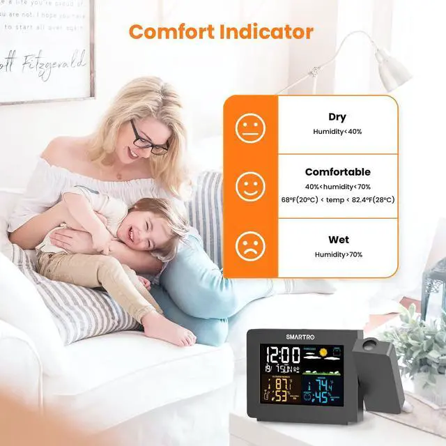 Alt view image 5 of 7 - SC91 Projection Alarm Clock for Bedrooms with Weather Station, Wireless Indoor Outdoor Thermometer, Temperature Humidity Monitor Gauge Hygrometer