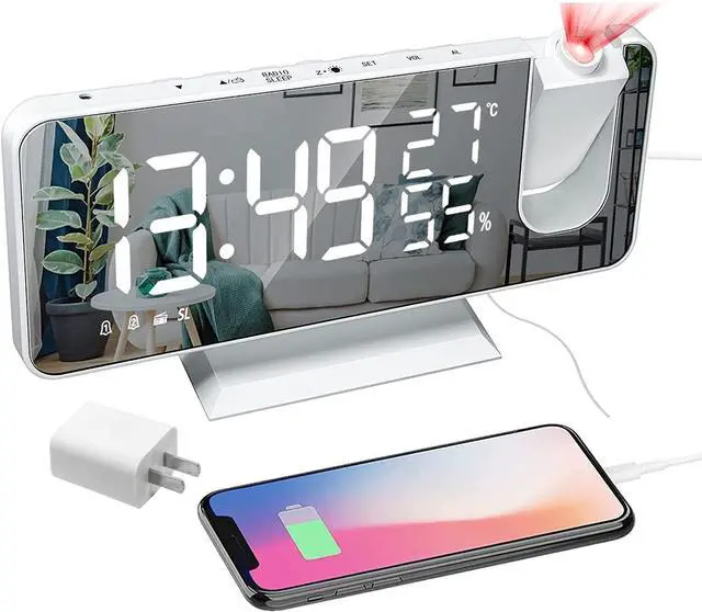 Main image of Projection Digital Alarm Clock for Bedrooms, Clock Radio on Ceiling, USB Charger Port, Temperature & Humidity Display, 7.3 Large Mirror LED Display,12/24H,Snooze,Dual Loud Alarm Clock- 4 Dimmer