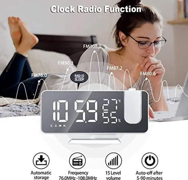 Alt view image 3 of 7 - Projection Digital Alarm Clock for Bedrooms, Clock Radio on Ceiling, USB Charger Port, Temperature & Humidity Display, 7.3 Large Mirror LED Display,12/24H,Snooze,Dual Loud Alarm Clock- 4 Dimmer