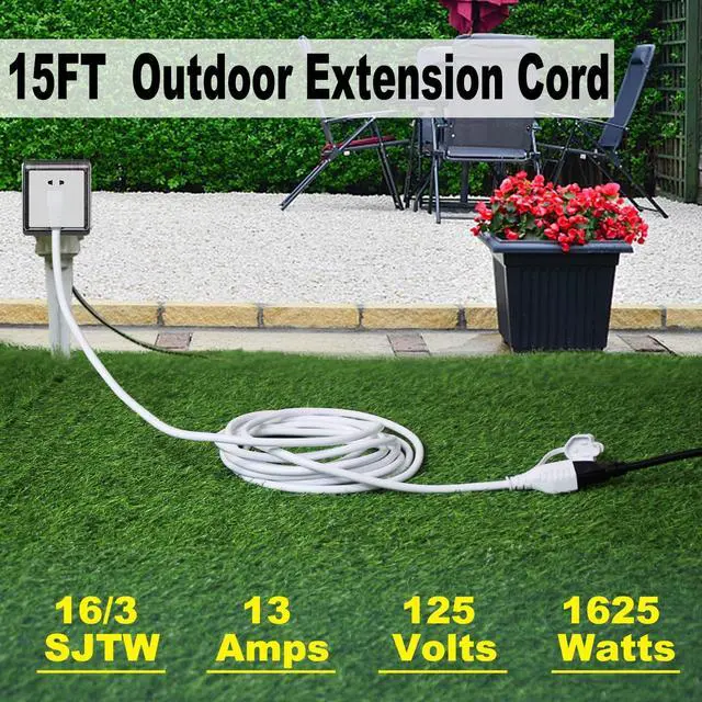 Alt view image 2 of 7 - 15FT White Outdoor Extension Cord - 16AWG 90-Degree Flat Plug 3 Prong SJTW Extension Cord for Christmas Light, Single Weatherproof Flexible Yard Power Cord 125V 13A 1625W